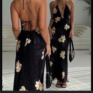 Elegant Black Floral Halter Dress